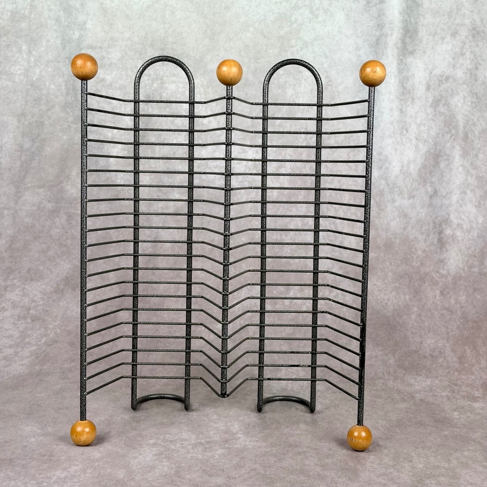 Vintage Y2K Metal Wire CD Rack 40 Slot Speckled Black Finish Wood Ball Accents